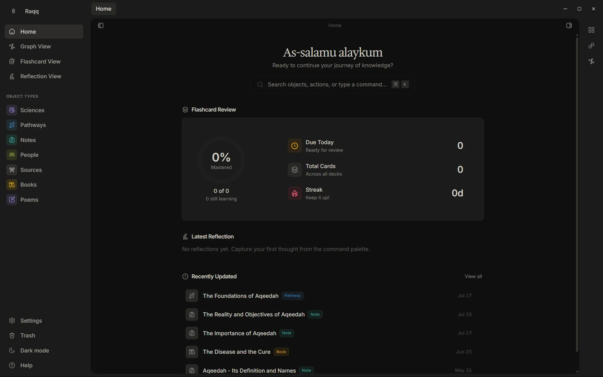 Raqq home dashboard showing flashcard review and recently updated study items