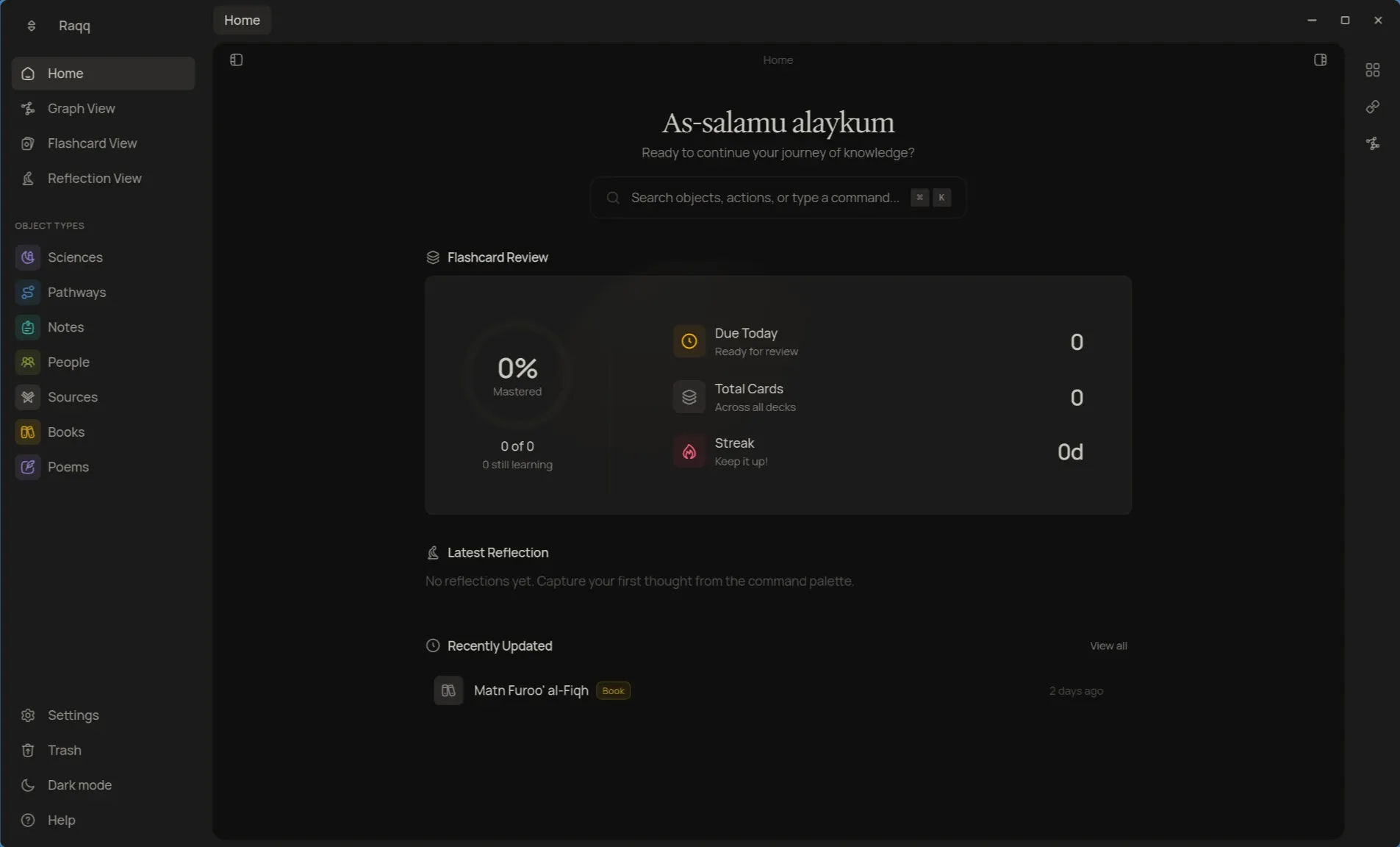 Raqq dashboard with object types and recent items