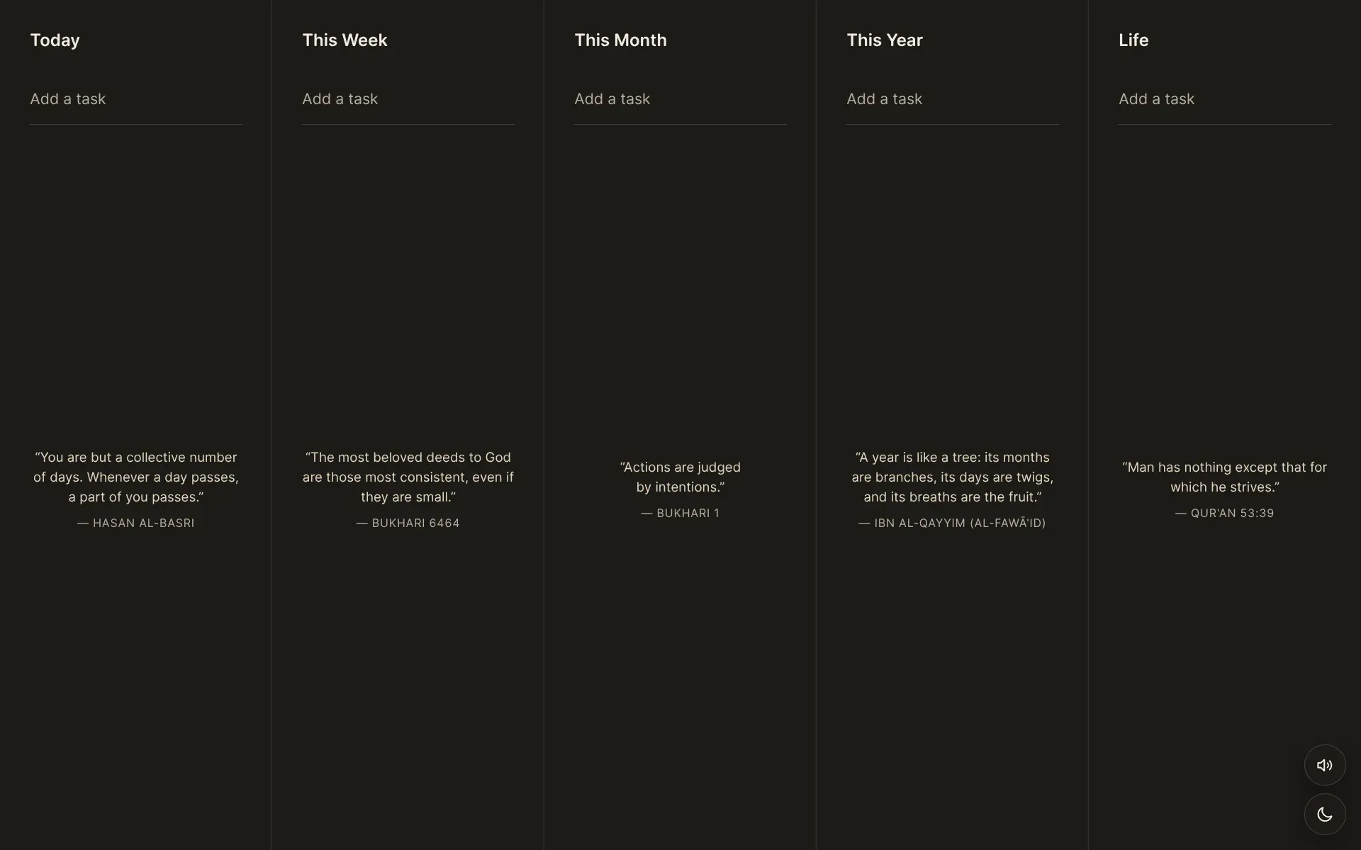 Horizons dark-mode workspace with empty Today, Week, Month, Year, and Life columns