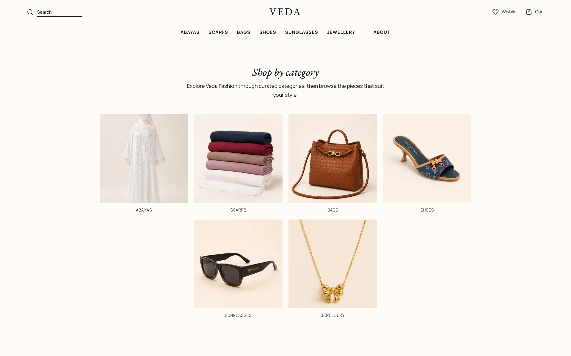 Veda Fashion storefront with product categories and fashion items