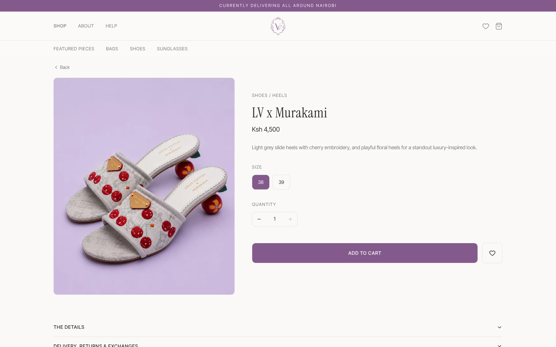 Velvet Emporium product page with product imagery, details, and purchase controls