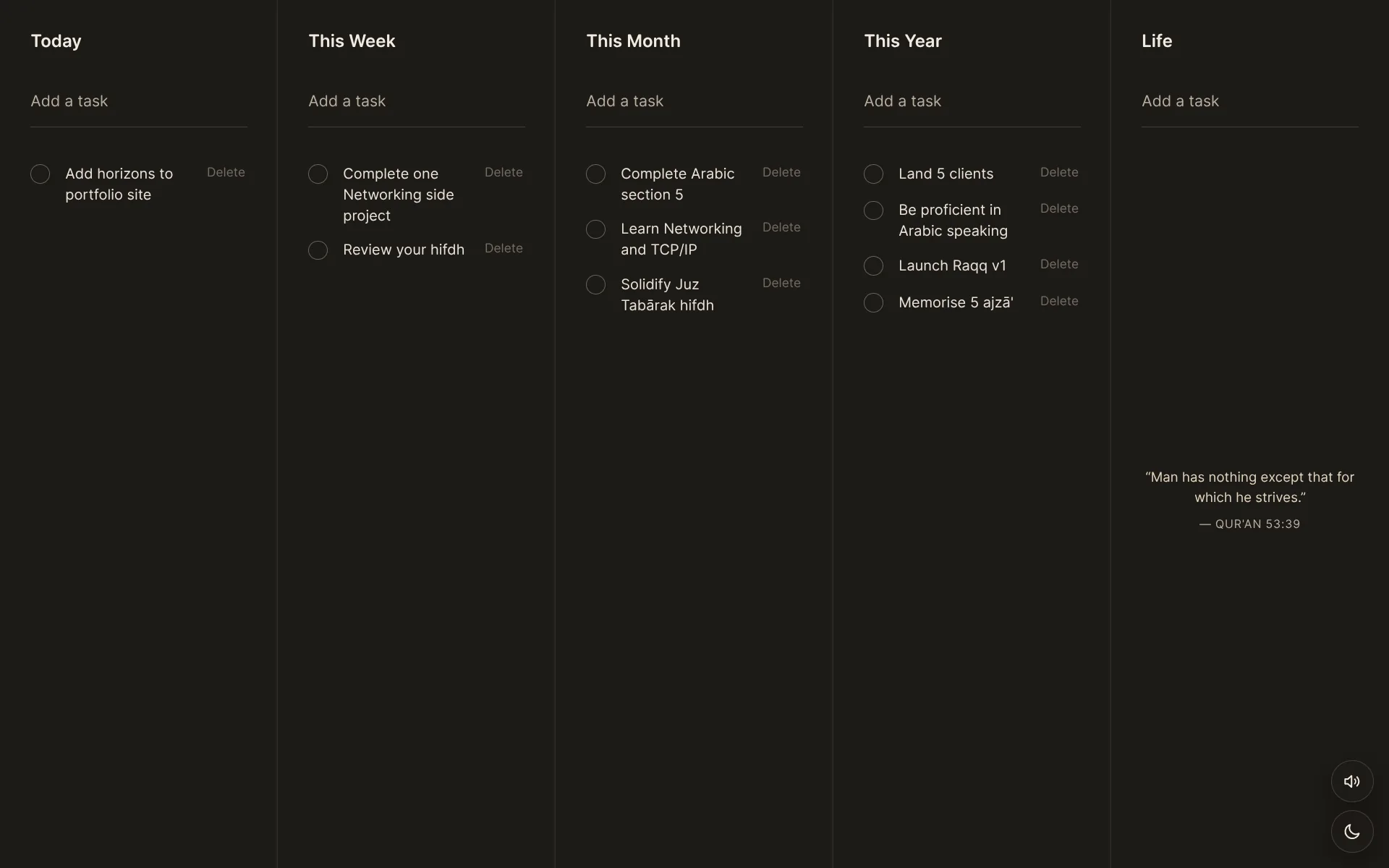 Horizons dark-mode workspace with tasks organised across five time horizons