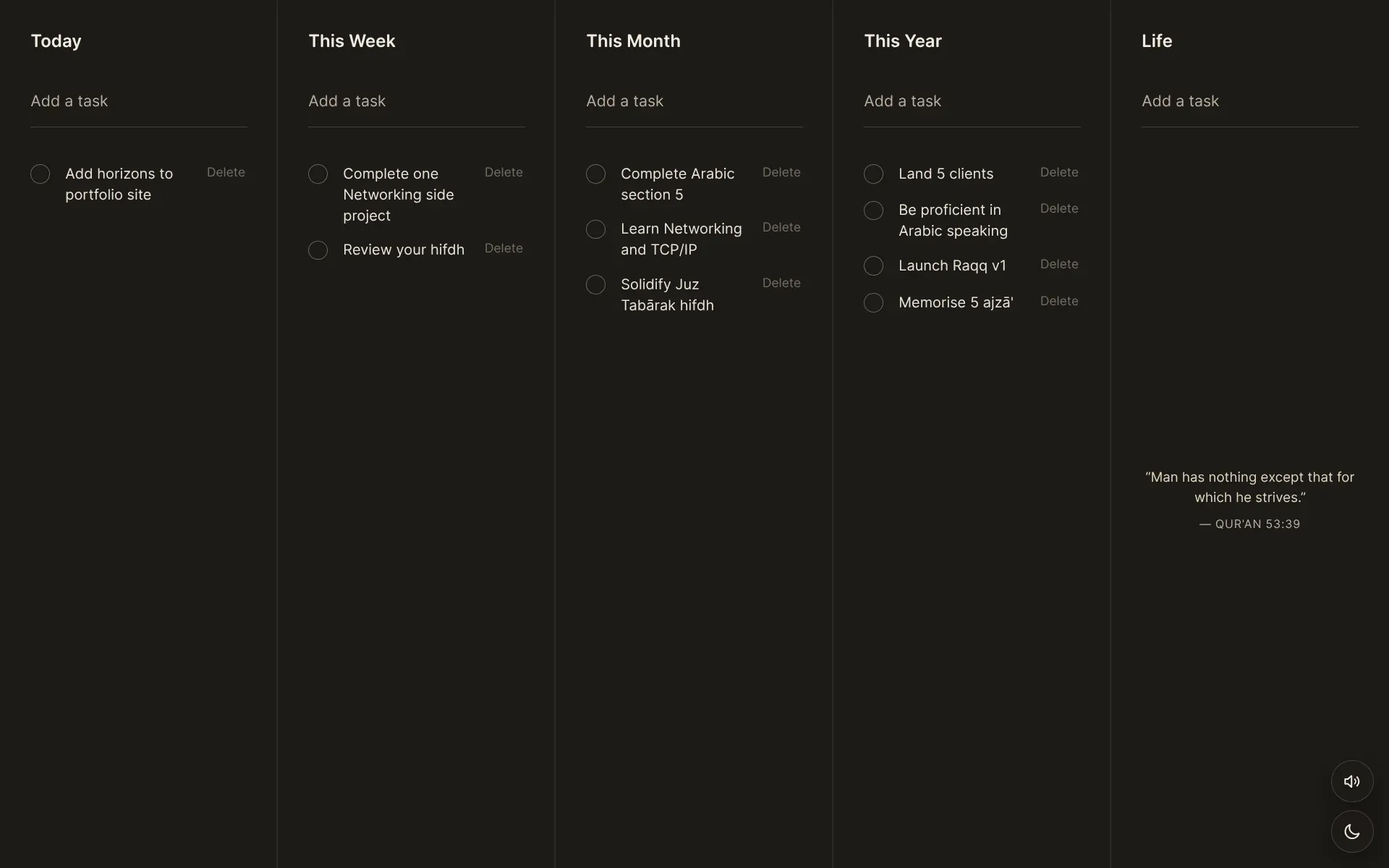 Horizons dark-mode workspace with tasks organized across five time horizons
