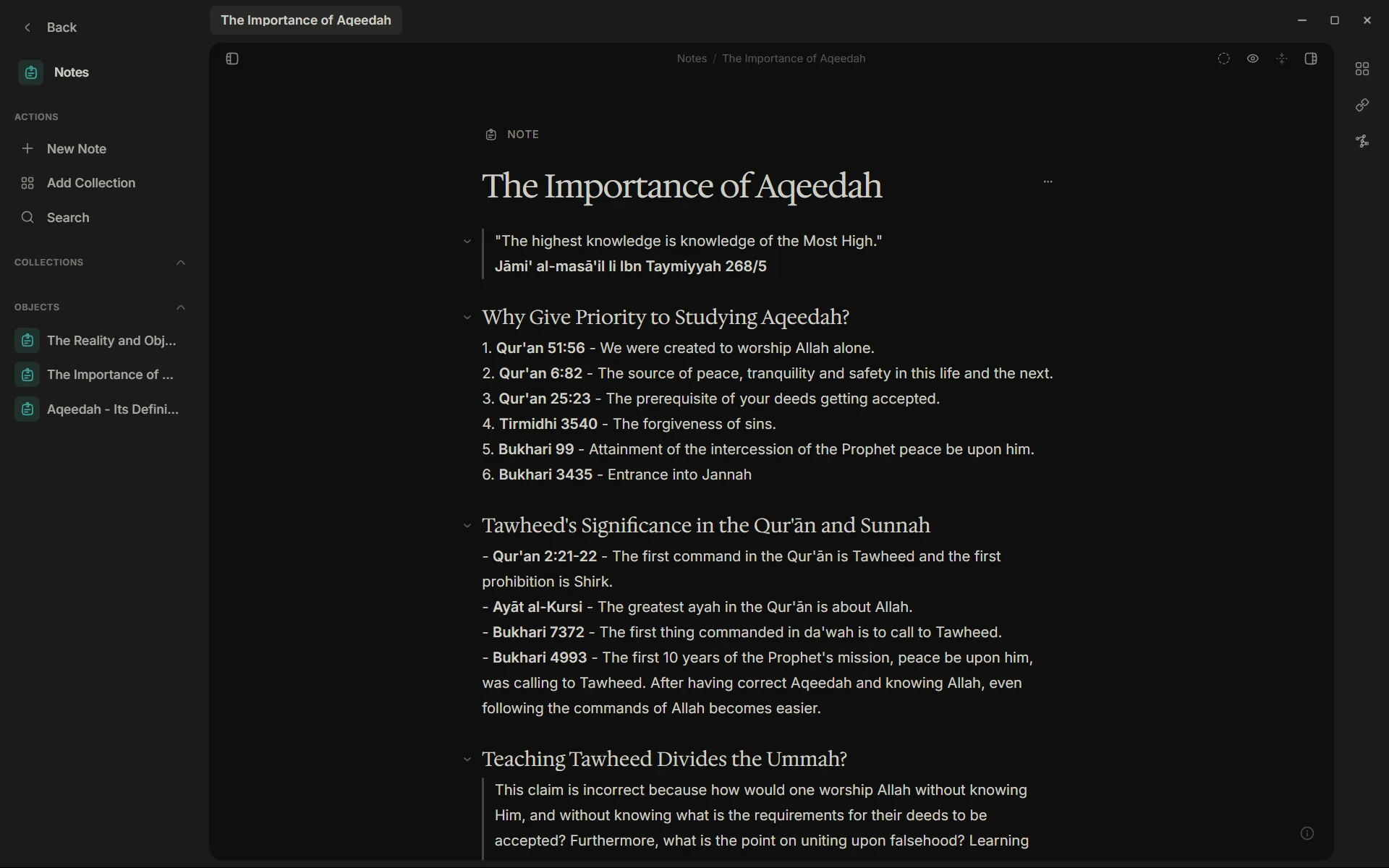 Raqq note editor showing The Importance of Aqeedah