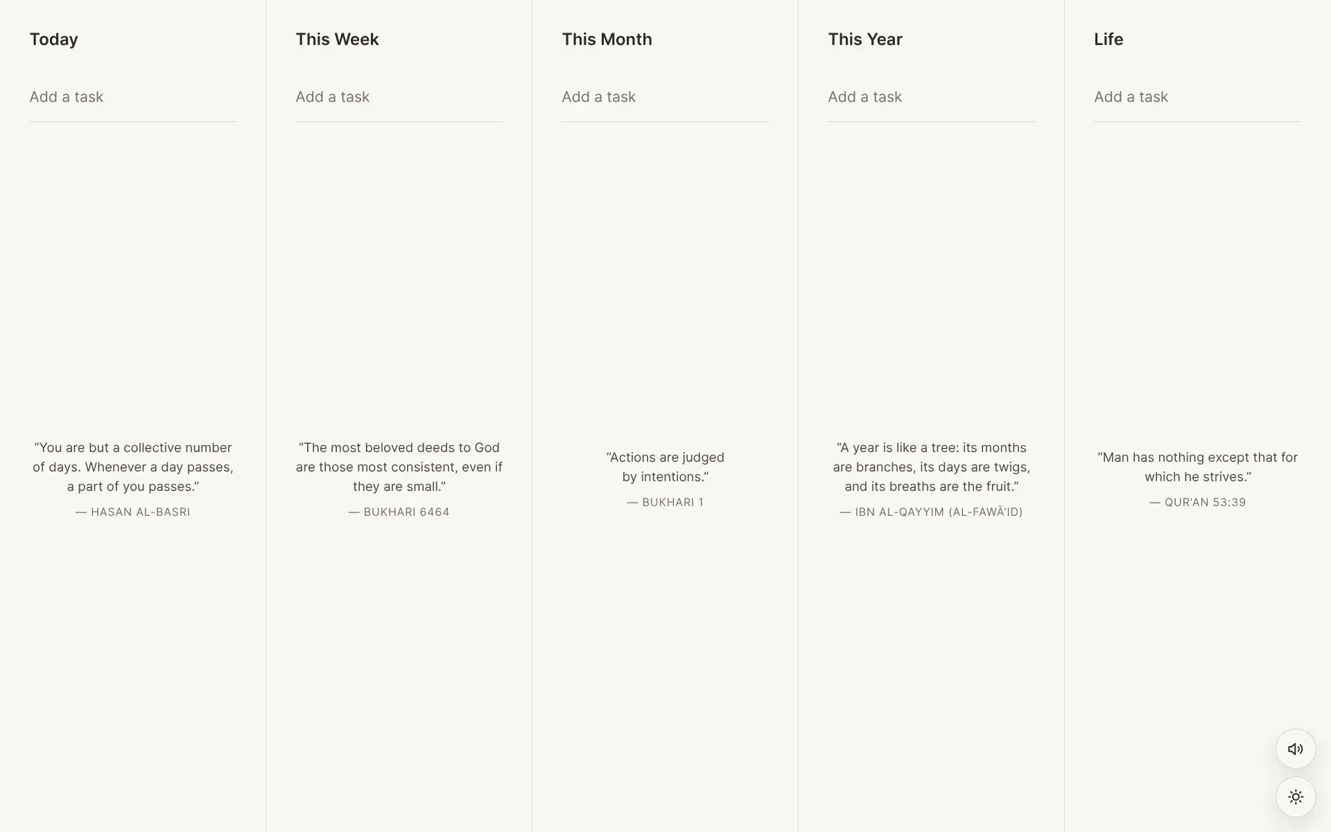 Horizons light-mode workspace with empty Today, Week, Month, Year, and Life columns