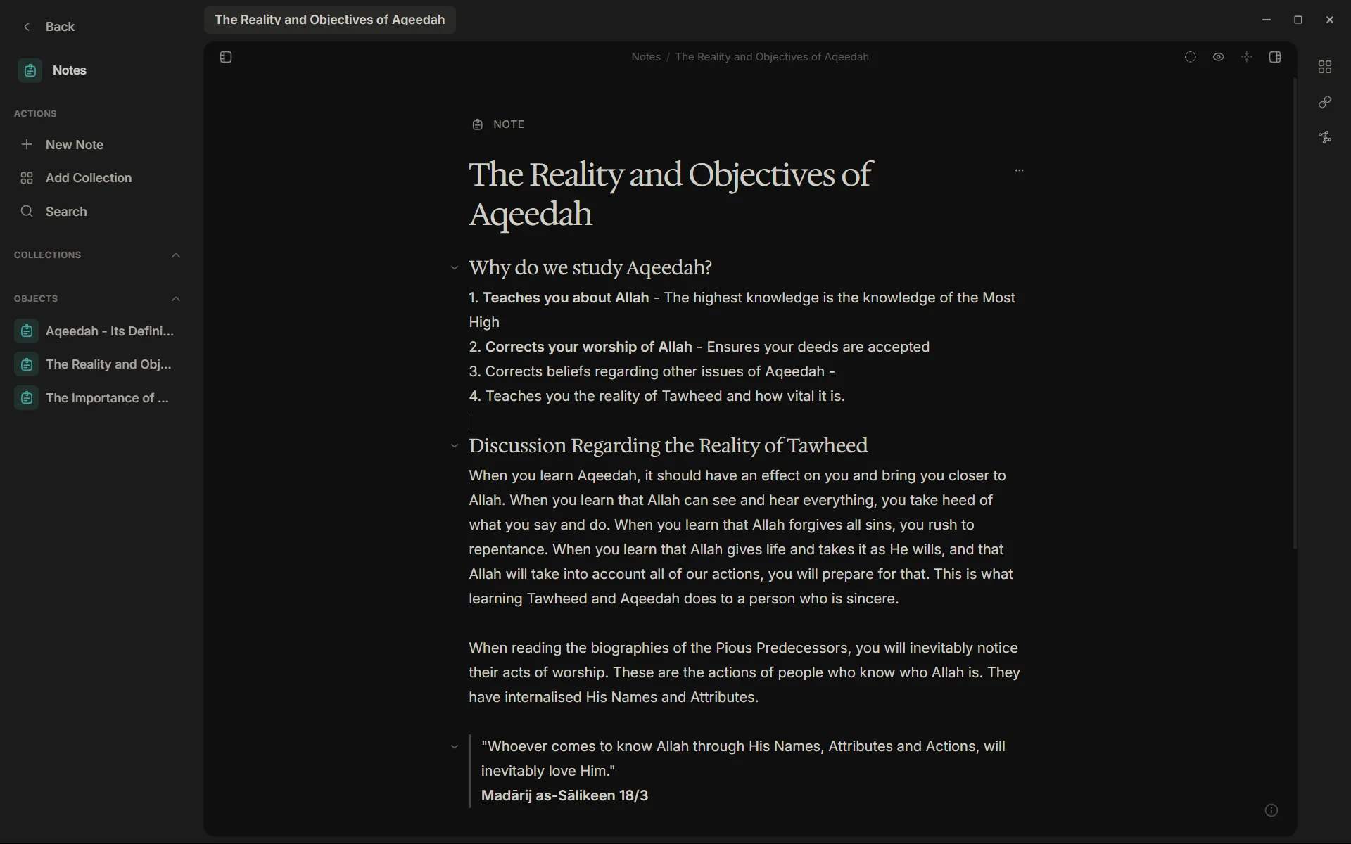 Raqq note editor showing The Reality and Objectives of Aqeedah