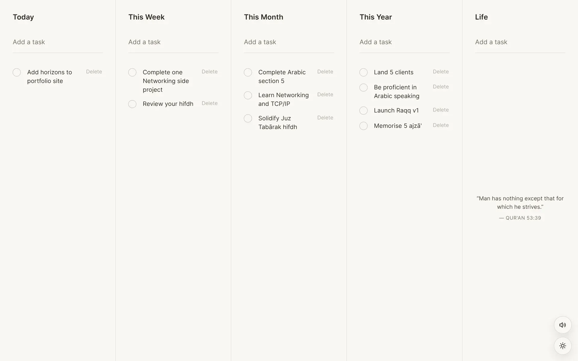 Horizons light-mode workspace with tasks organized across five time horizons