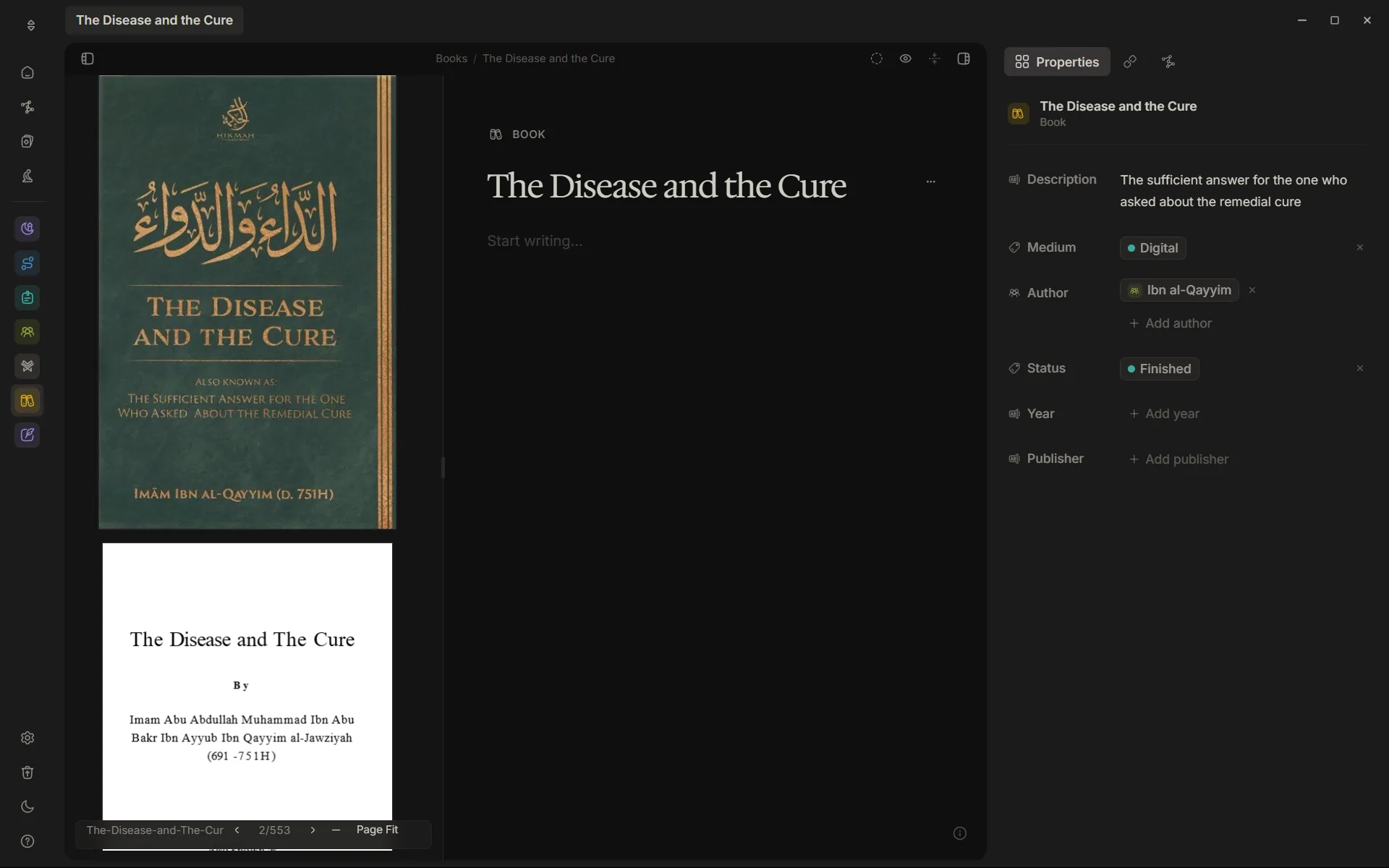 Raqq book reader showing properties for The Disease and the Cure
