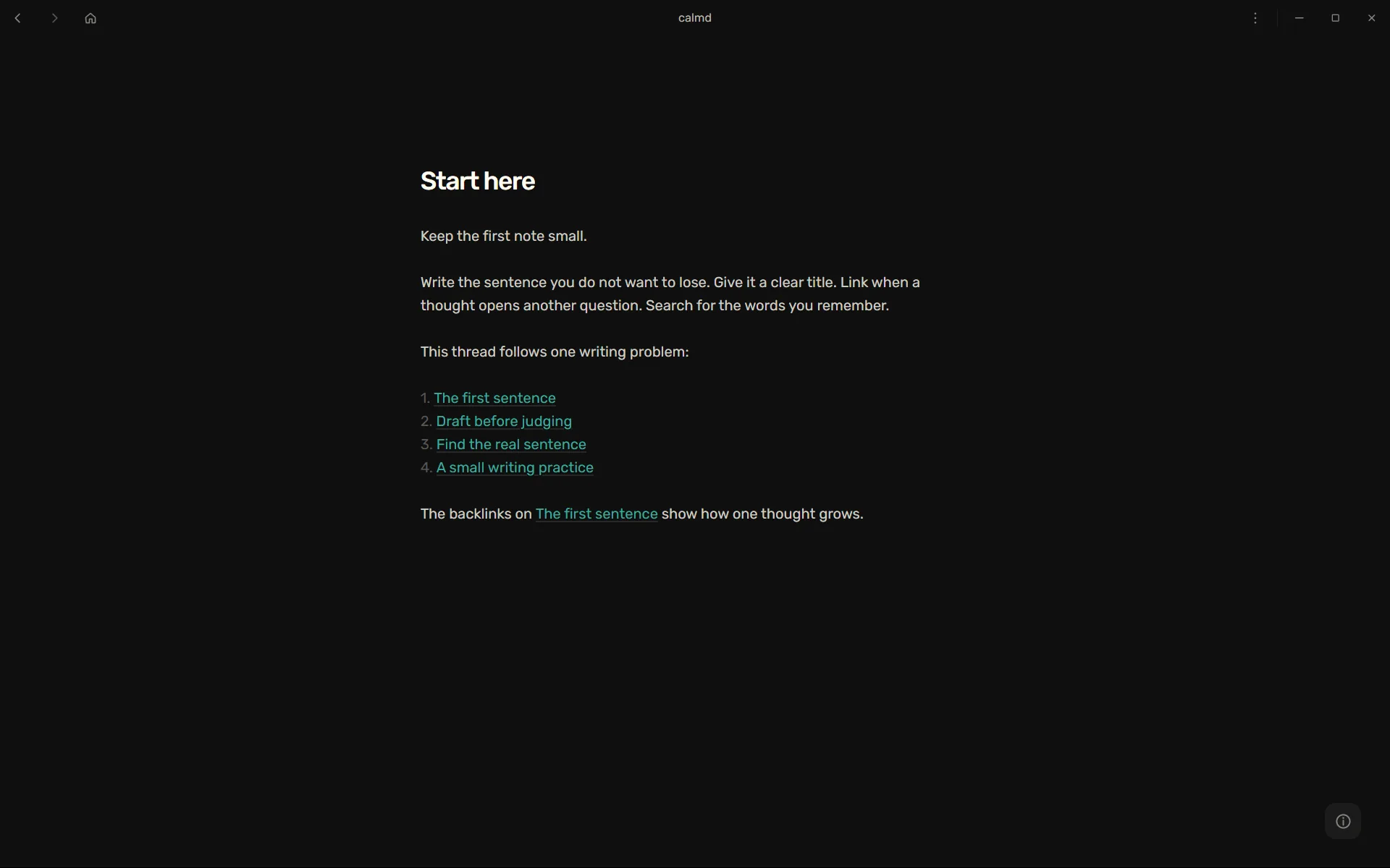 A full-page Markdown note open in Calmd's focused editor