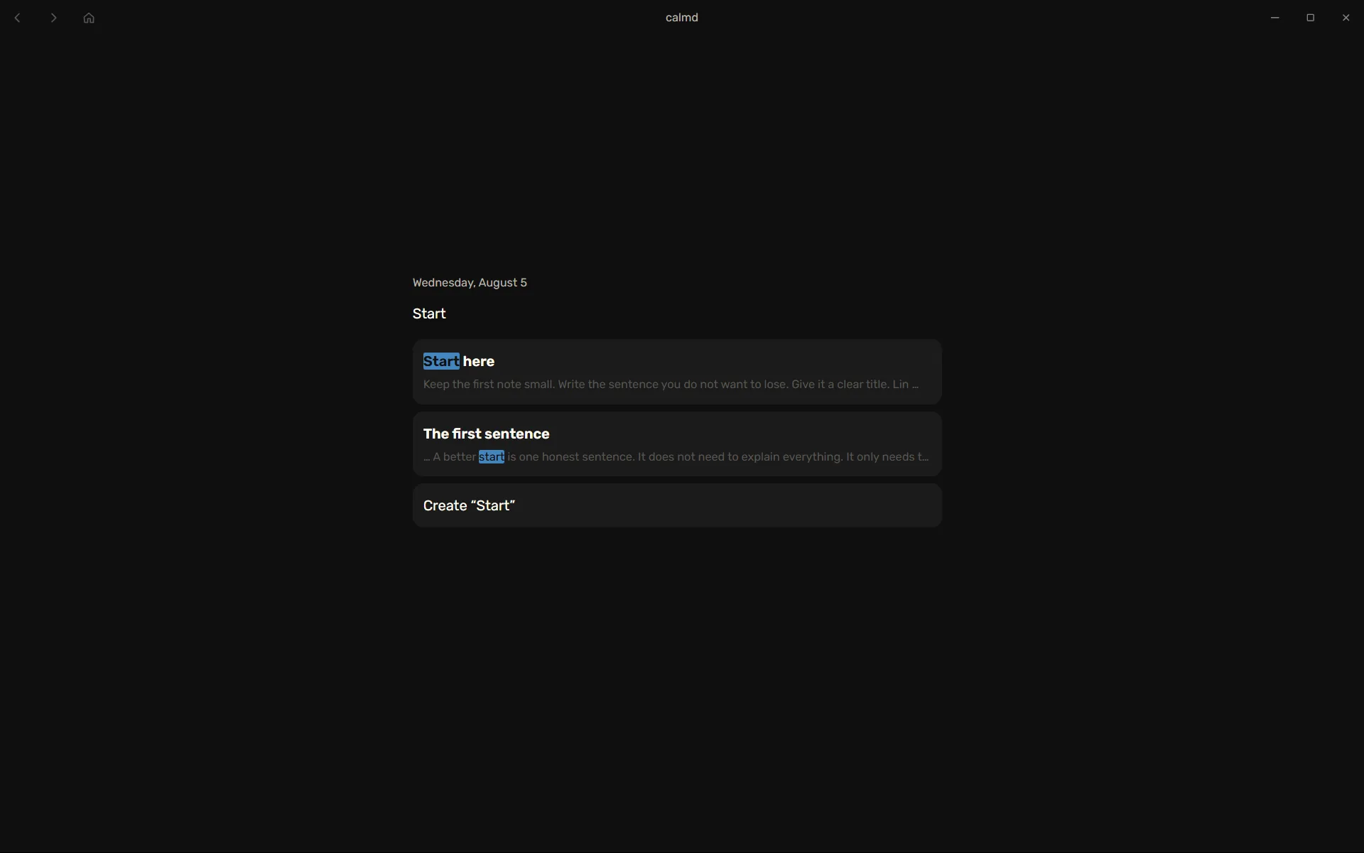 Calmd search results for Start showing matching notes and a create action