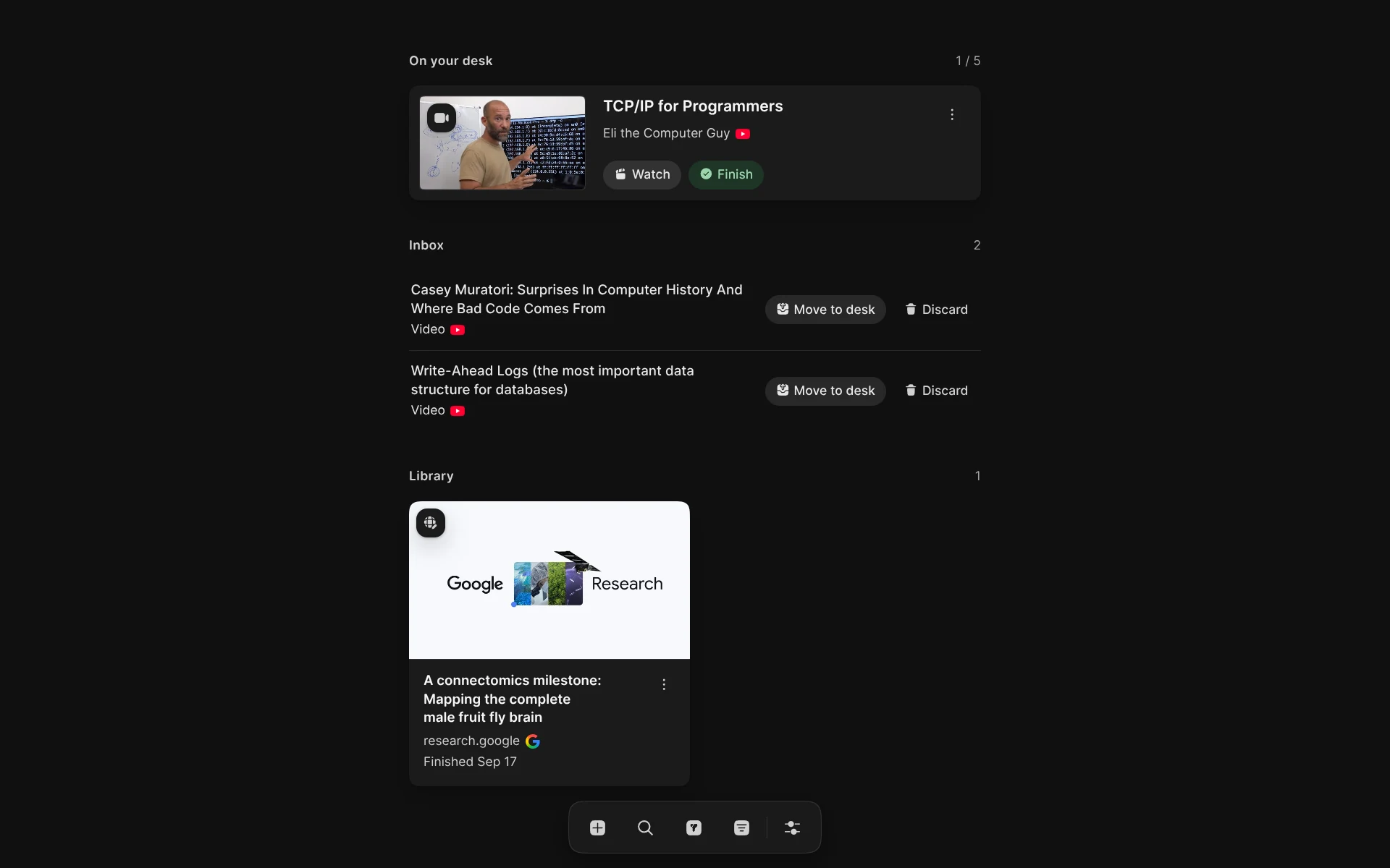 Readr desk showing a saved video, inbox items, and a finished article in the library
