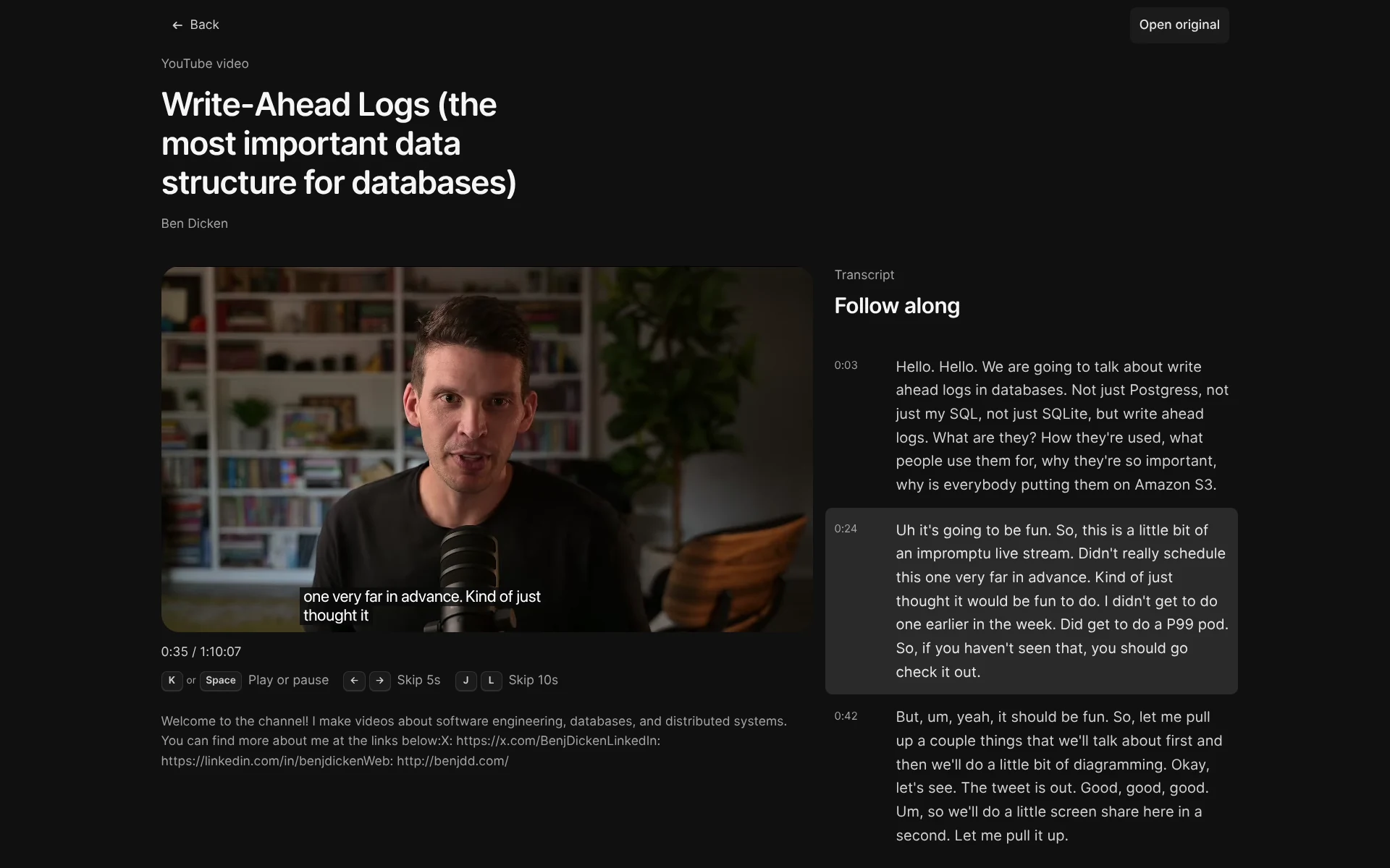 Readr YouTube reader with the current transcript passage highlighted during playback