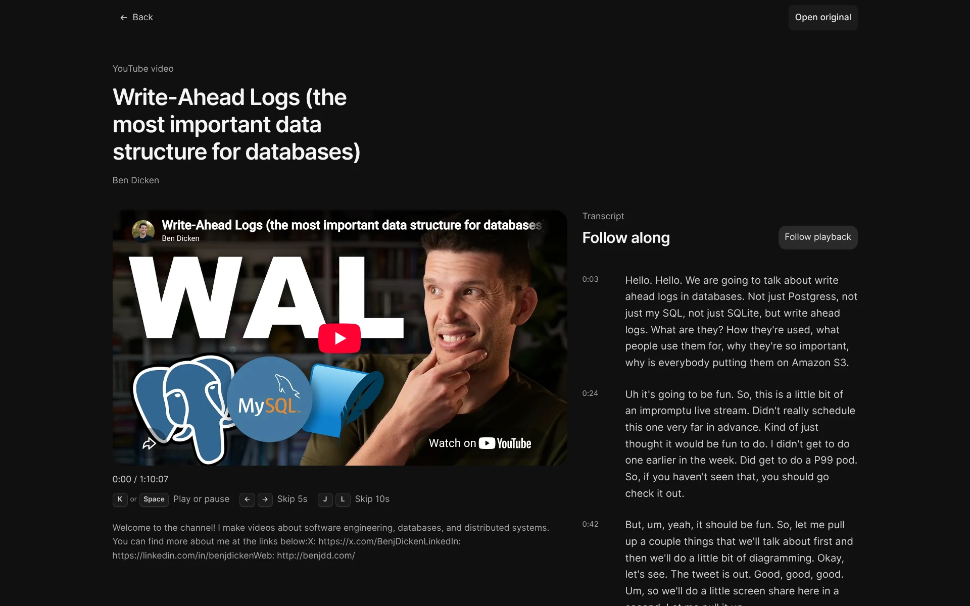 Readr YouTube reader showing Write-Ahead Logs with a video player and transcript